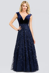Glamorous Navy V-Neck Evening Dress with Leaves Appliques